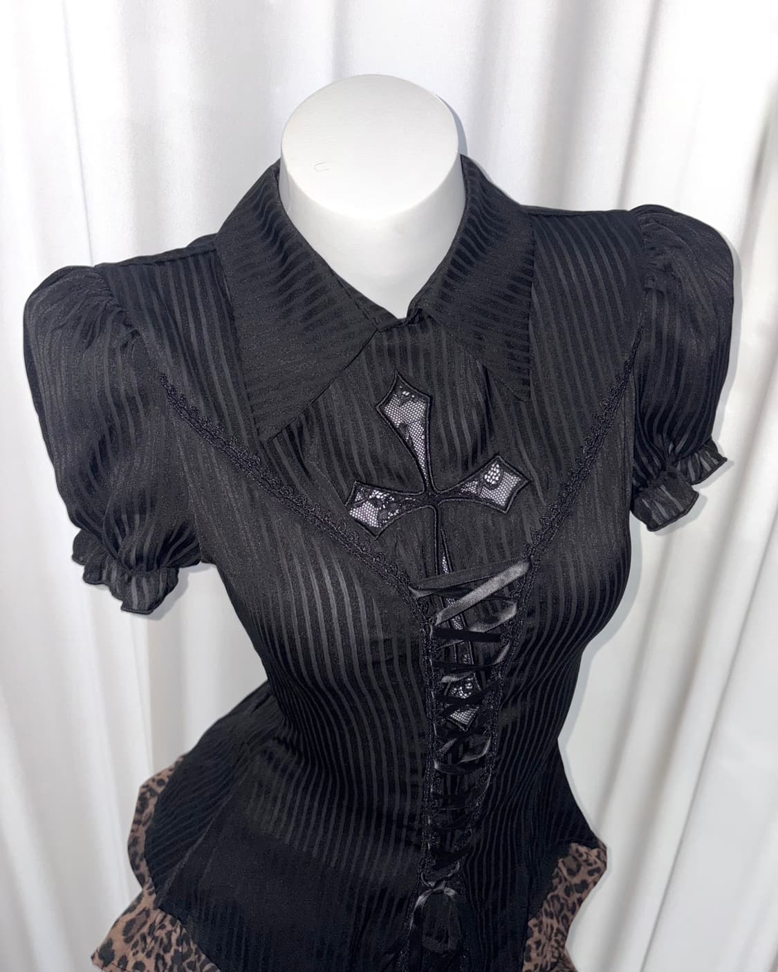 고딕 펑크 쿠로 갸루 프린세스 십자가 레이스 프릴 코르셋 셔츠 블라우스 상품이미지3