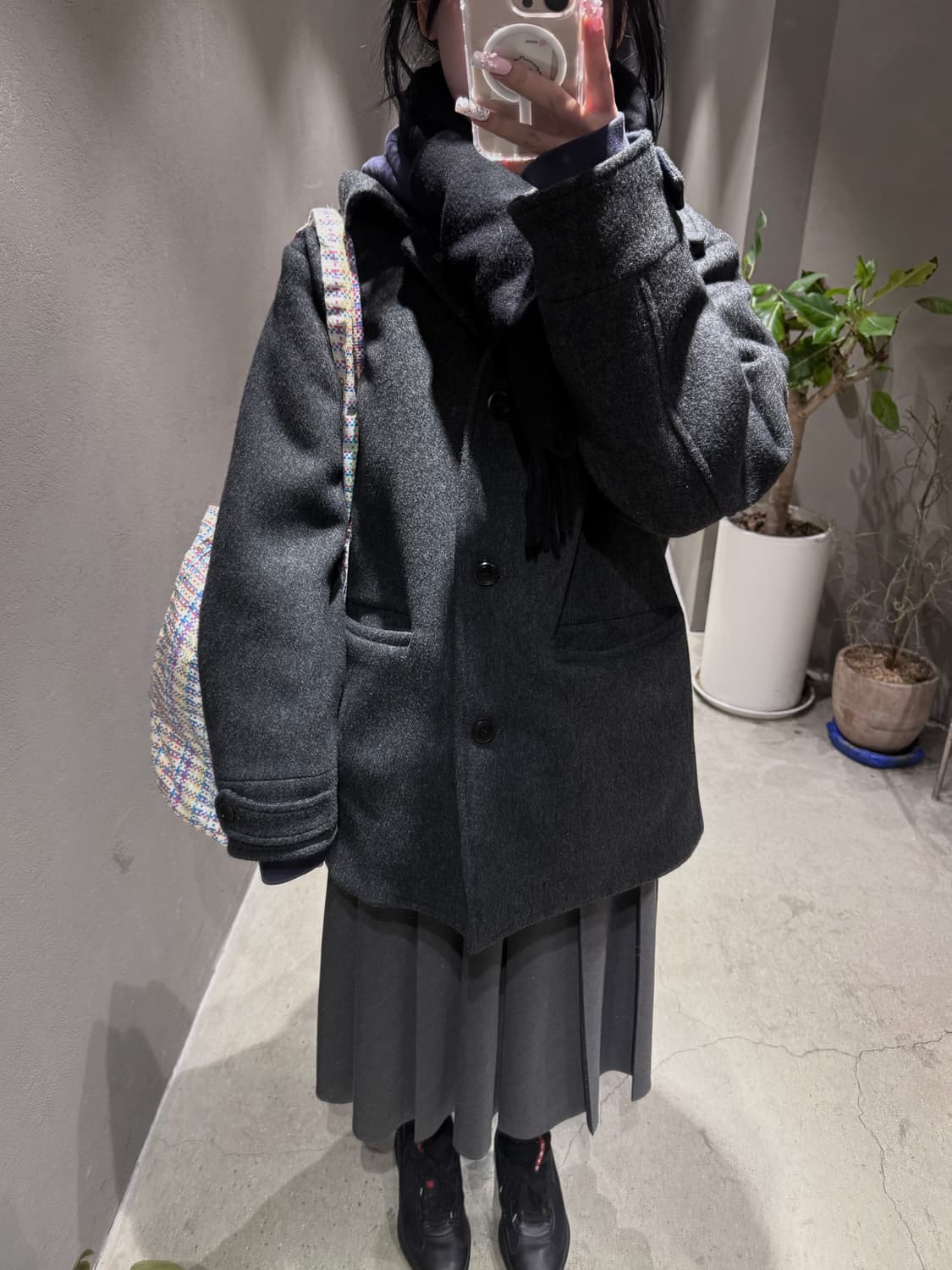 오헤시오 CHECK HALF WOOL COAT, CHARCOAL 상품이미지1