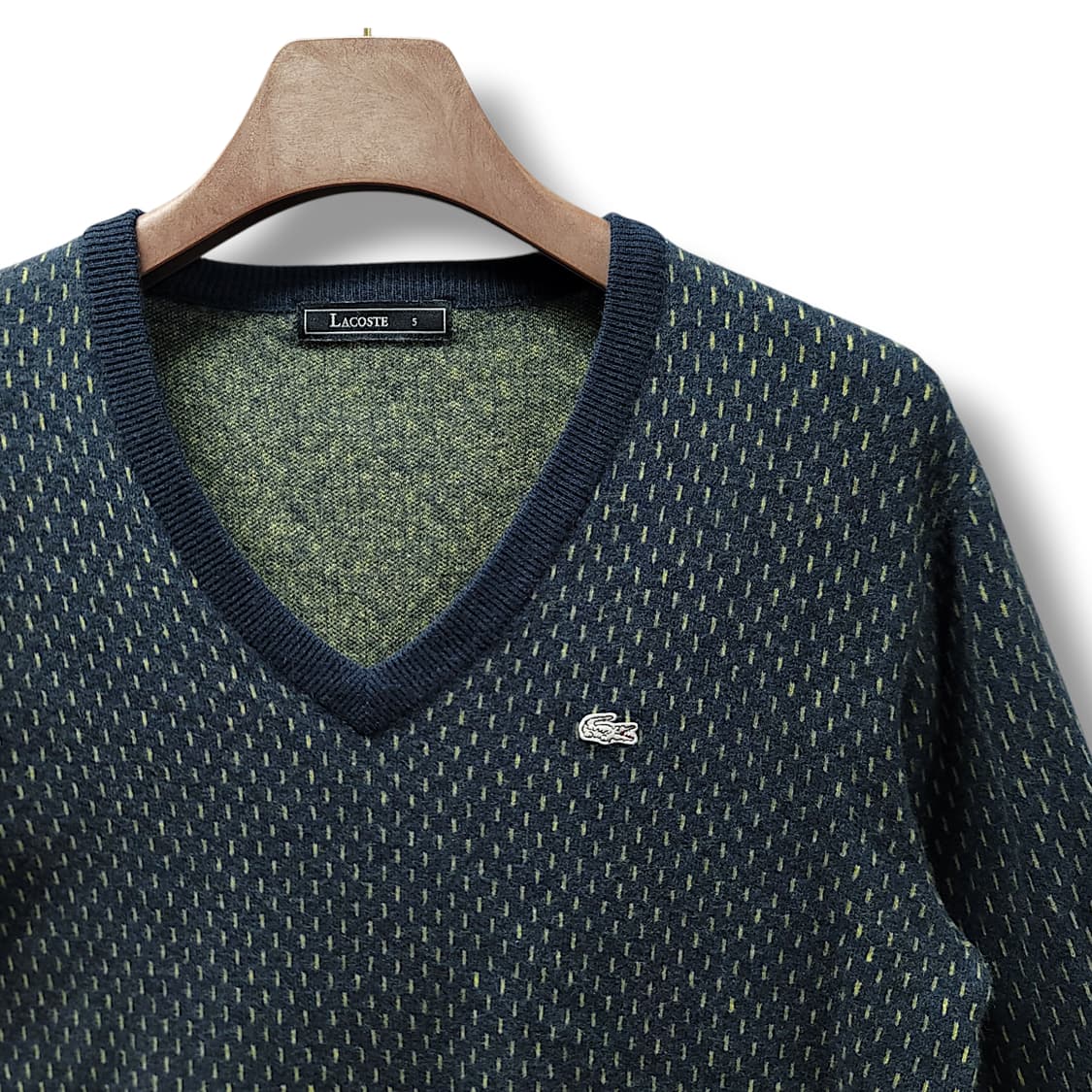 [105/5] 라코스테 네이비 토트그린 브이넥 울 니트 상품이미지4
