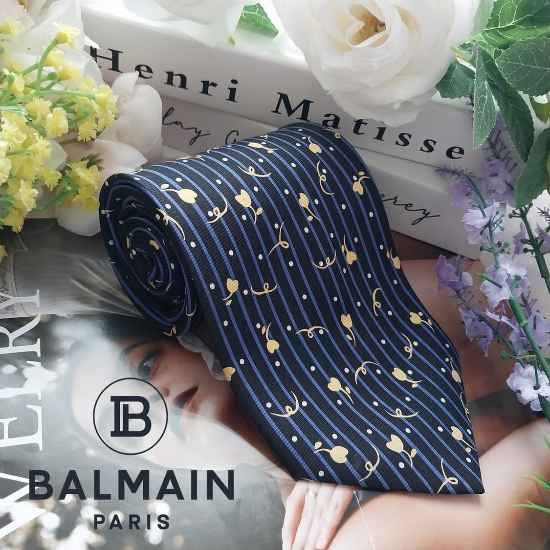 피에르 발망 실크 블랙&블루 플로럴 넥타이 9.7cm A등급 K1286
 상품이미지1