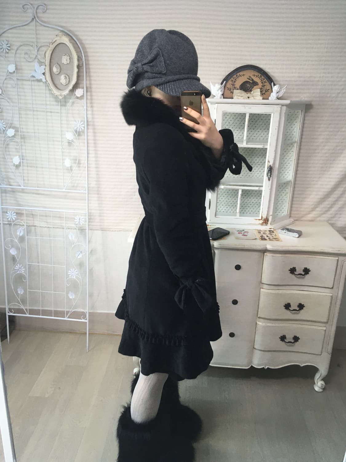 jpn vintage black fur collar frill coat 상품이미지5