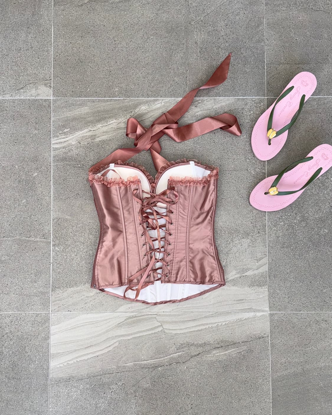 Rose pink satin ribbon halter corset 상품이미지2