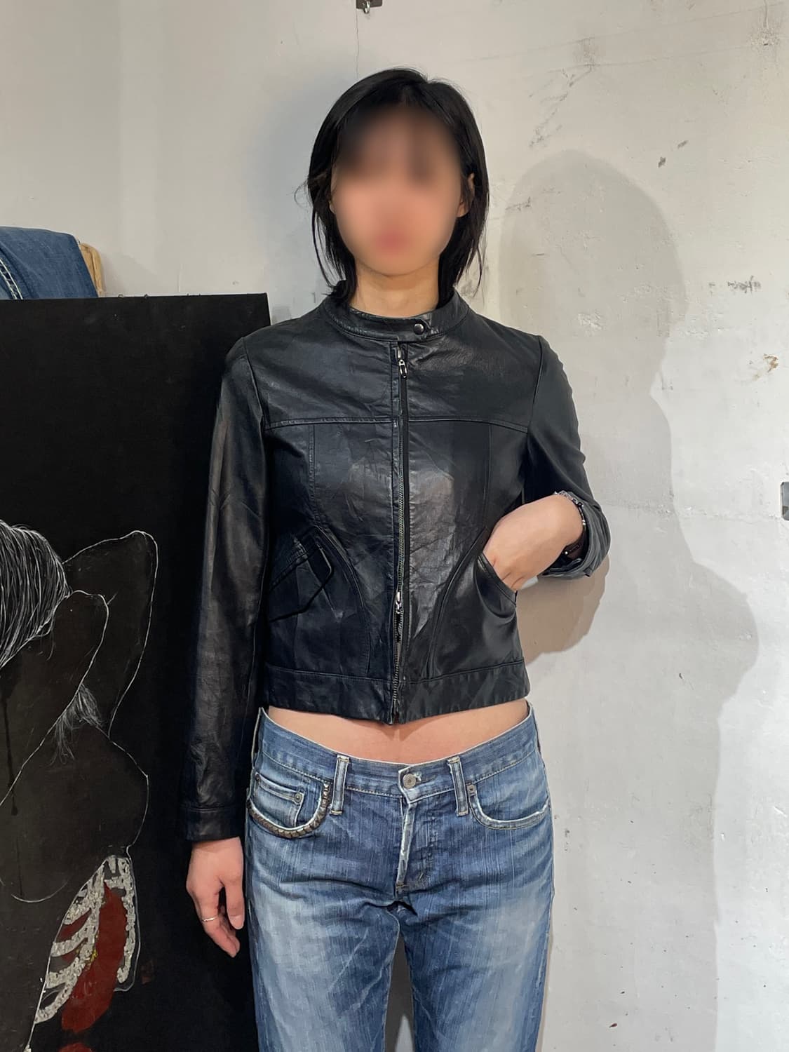 미쉘클랑 램스킨 차이나카라 크롭 가죽 자켓 38 상품이미지1