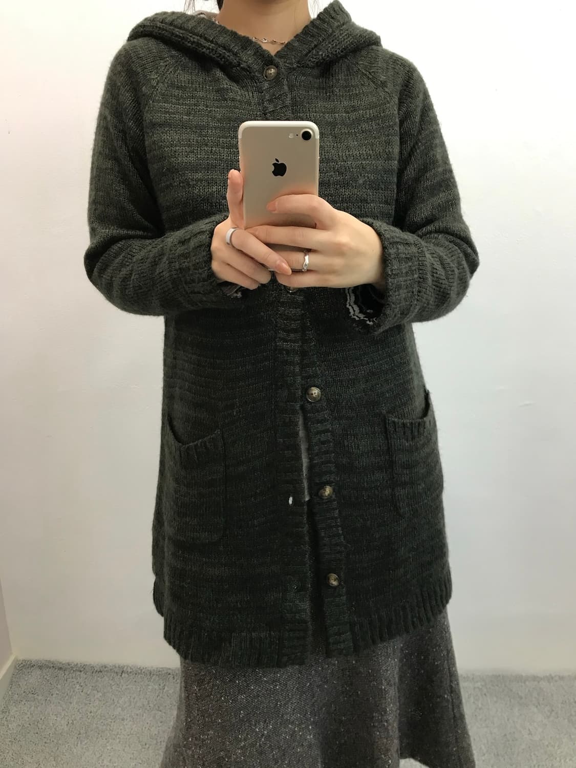 포인트 니트 후드 롱 가디건 상품이미지2