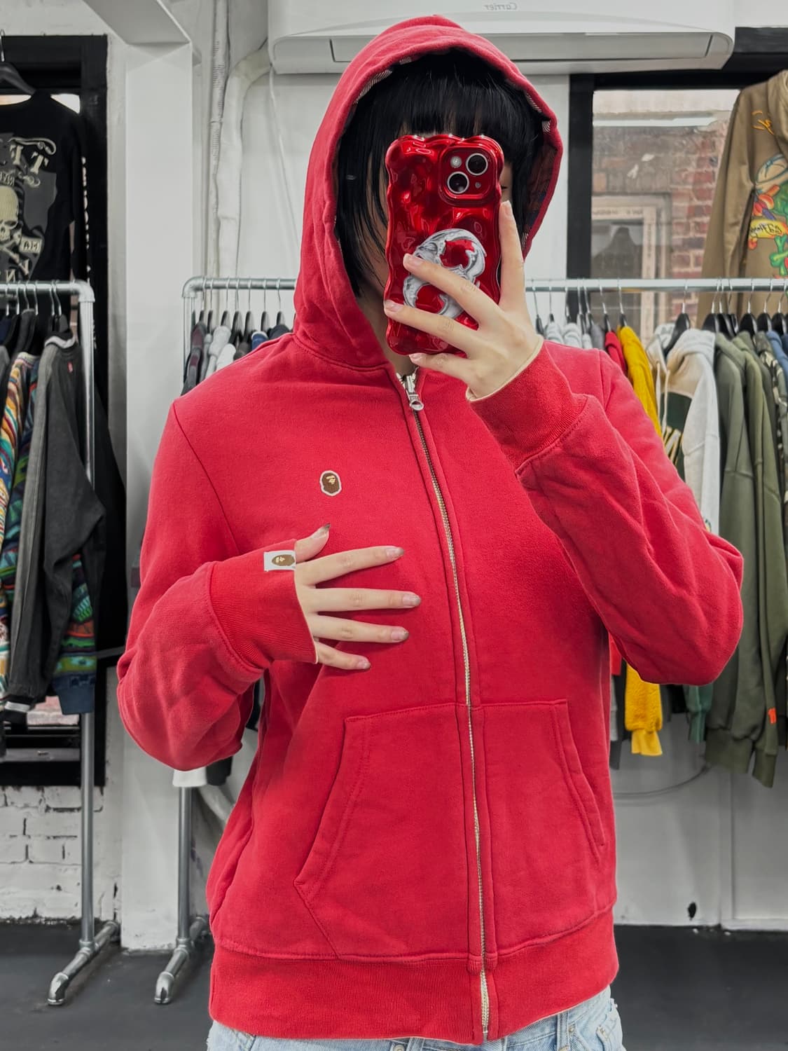 베이프 레드&체크 리버시블 후드집업 상품이미지3