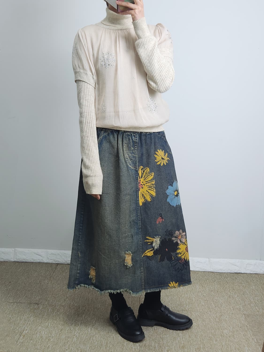 플라워 데님 스커트 상품이미지2