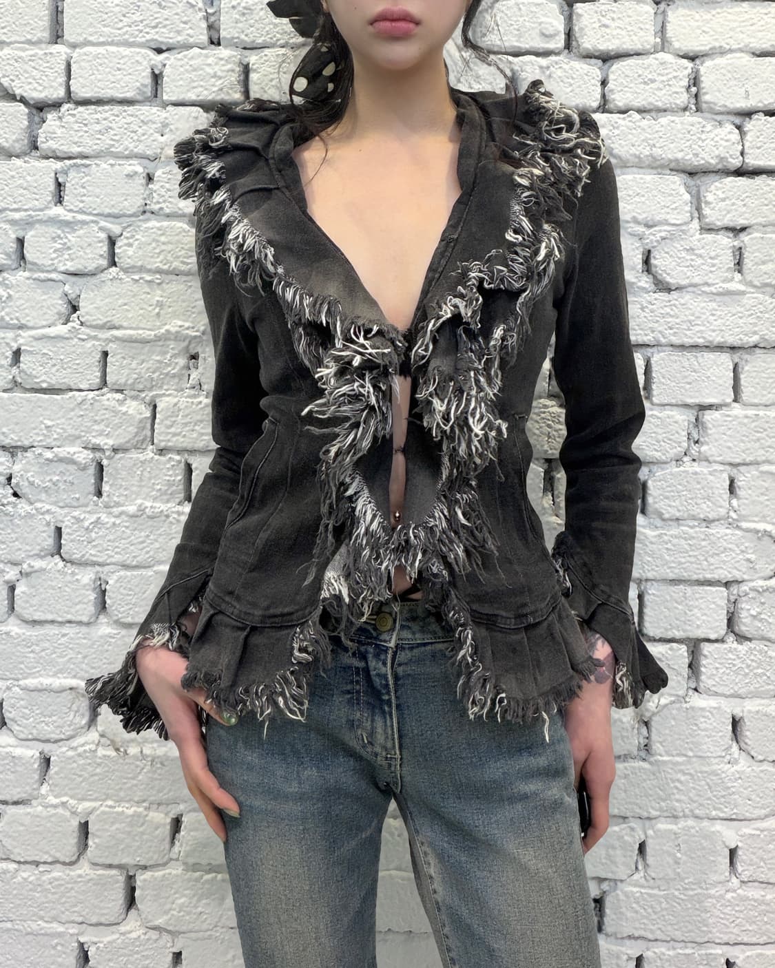 Washed Black Denim Frayed Jacket 상품이미지1