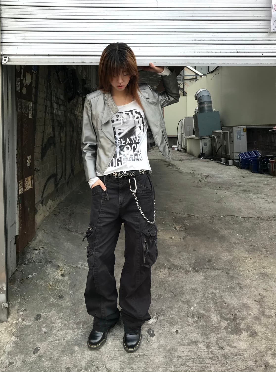 빈티지 펑크 락스타 실버 가죽자켓 코디 세트 상품이미지2