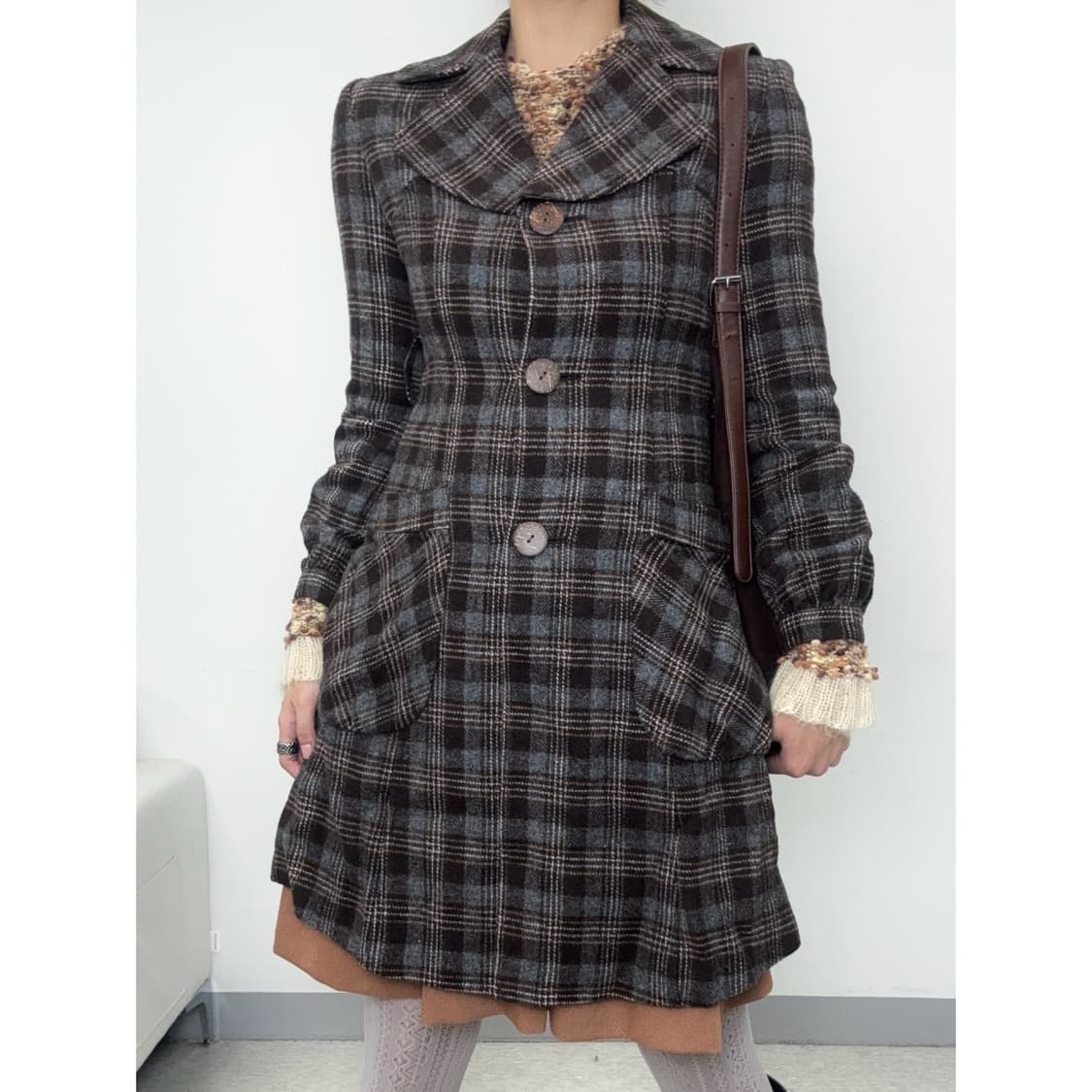 빈티지 브라운 체크 원피스 울 코트 상품이미지1