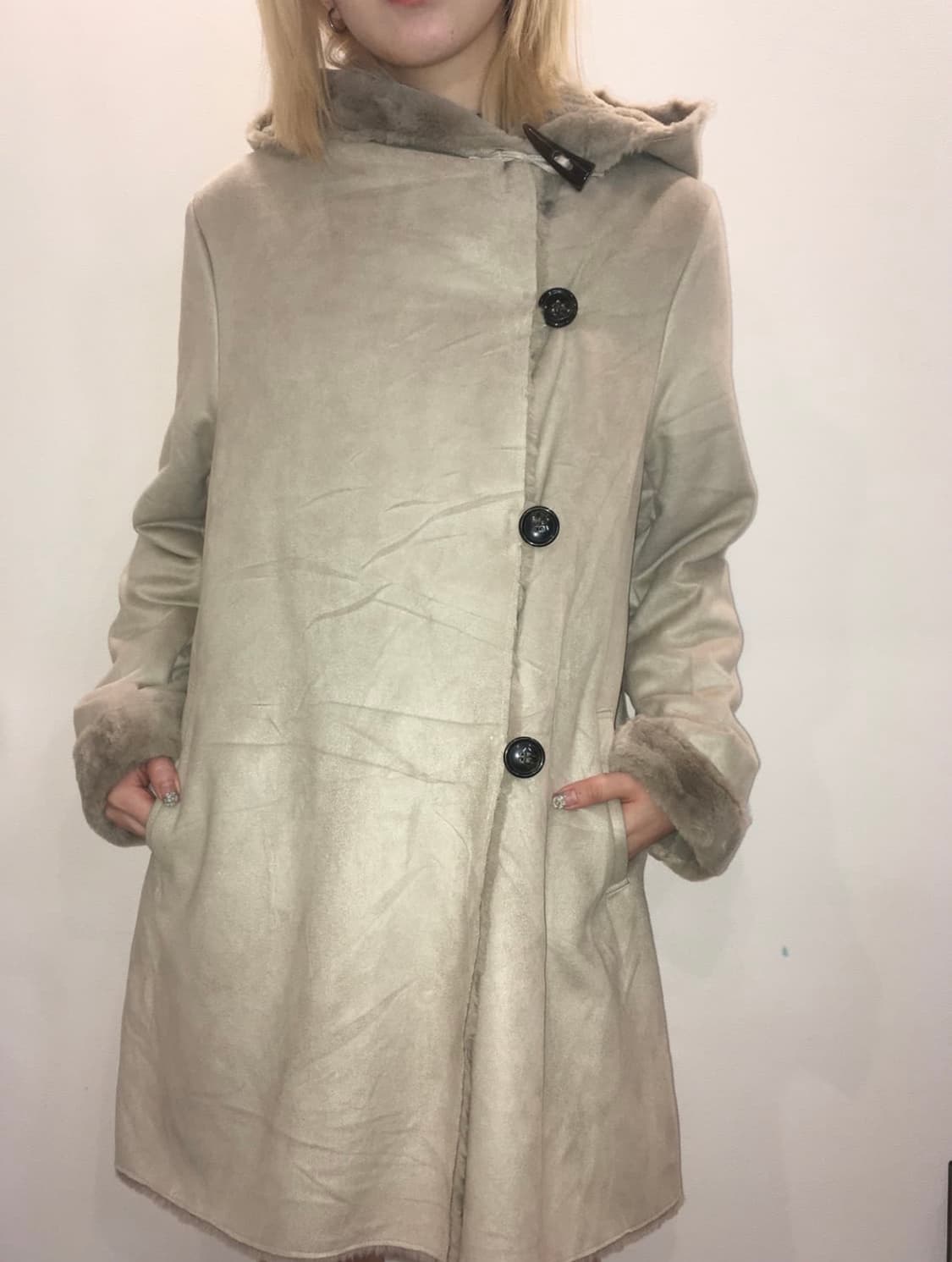 jpn vintage 그레이베이지 후드 더플 무스탕 상품이미지4