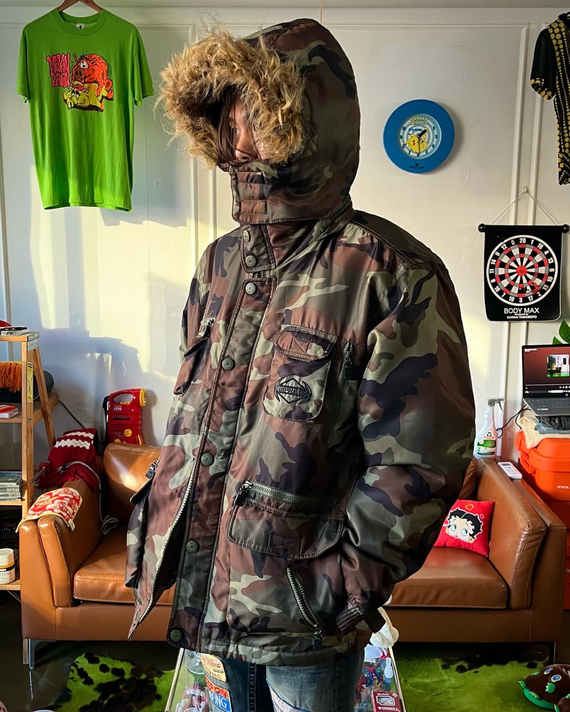 90-00s Vintage Y2K Camo Fur Hood Padding 상품이미지2