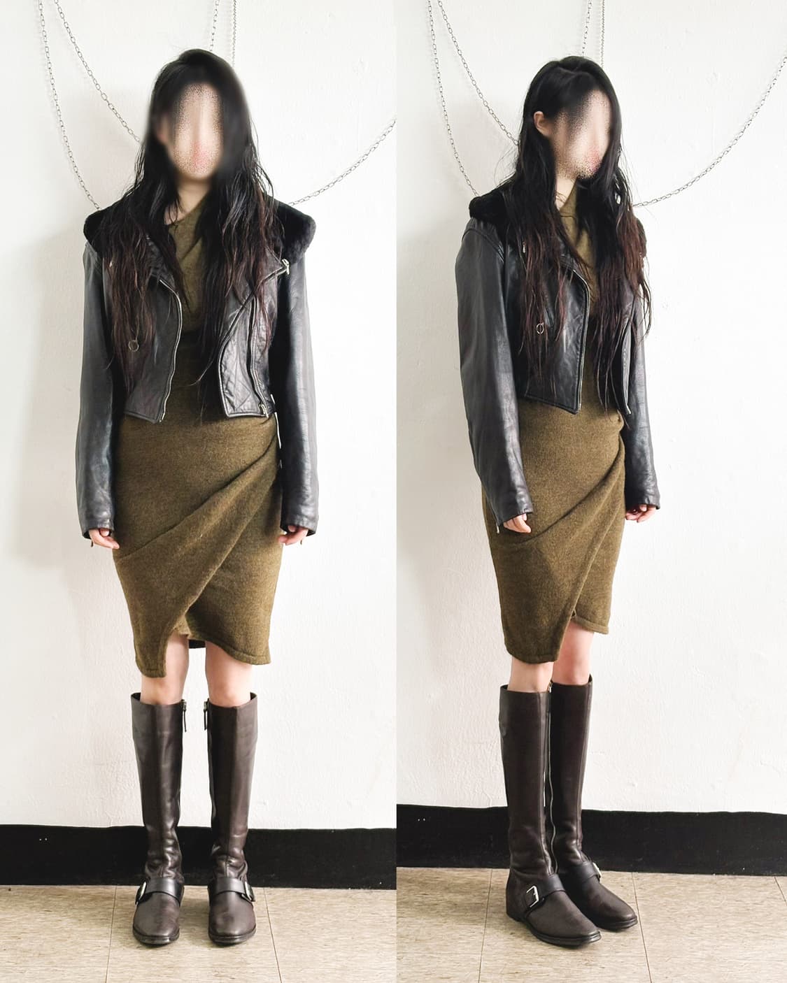 unknown uk asymmetric 퍼 칼라 크롭 레더 봄버 상품이미지1