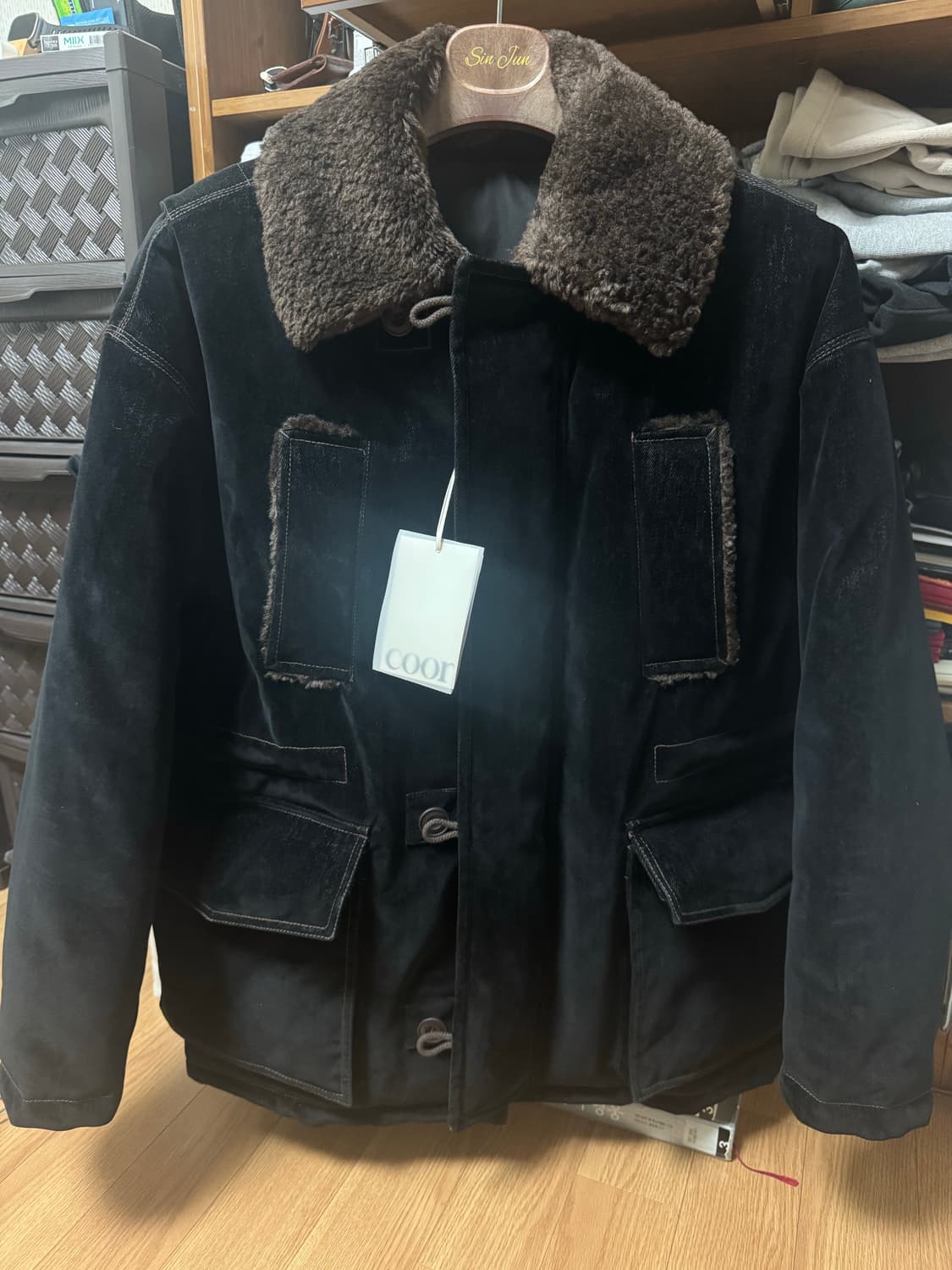 쿠어 벨벳 데님 패디드 헌팅 자켓 워시드 블랙 L 새상품 상품이미지3