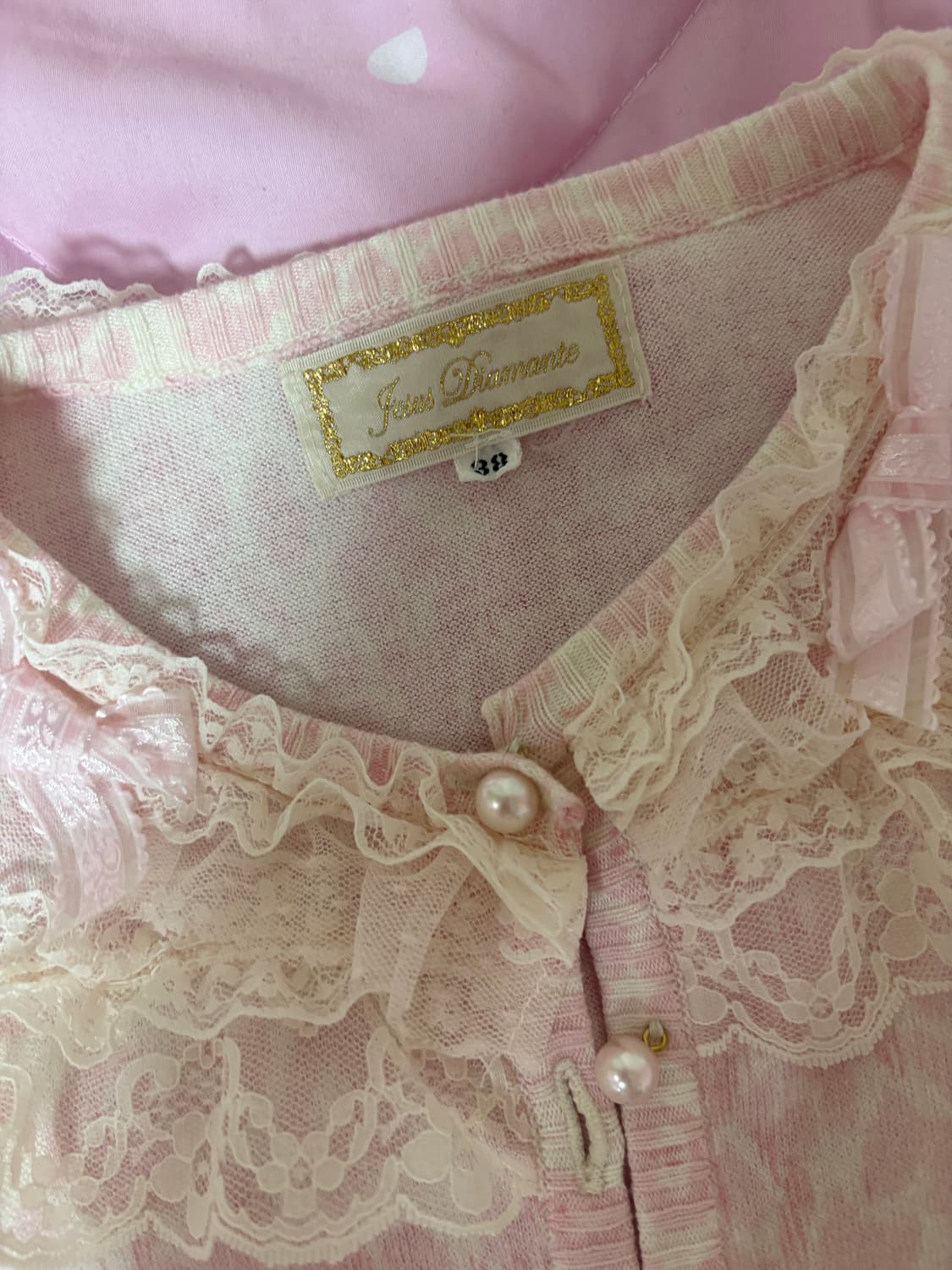 지저스 디아망떼 초희귀 진주 레이스 리본 핑크 레오파드 니트 가디건 상품이미지2