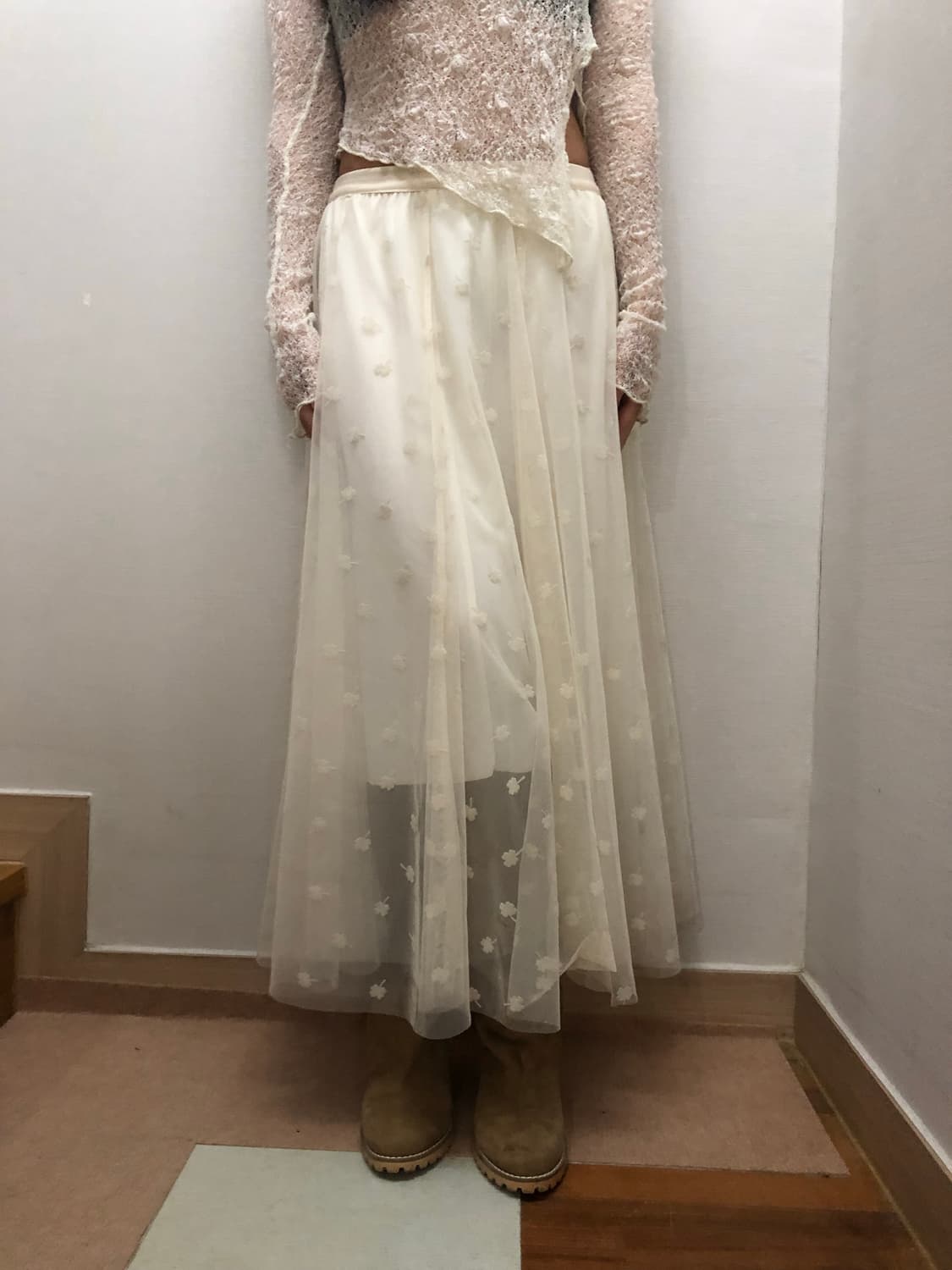 빈티지 화이트 클로버 레이스 롱 스커트 상품이미지1