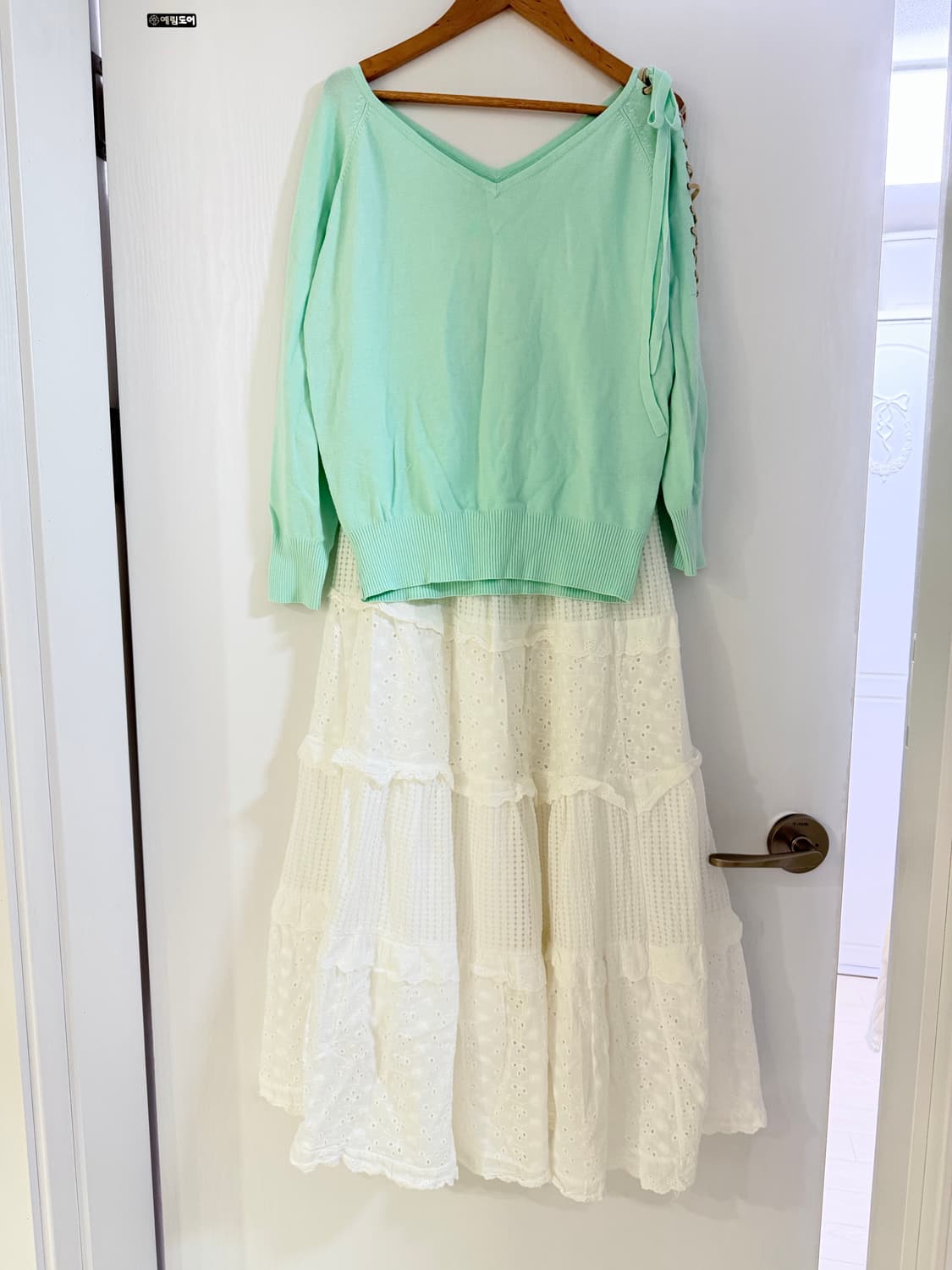 일본빈티지 오프숄더 브이넥 민트니트 세트 상품이미지1