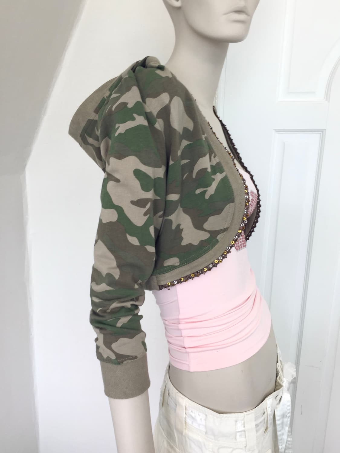 Camouflage Beaded Hoodie Bolero 상품이미지5