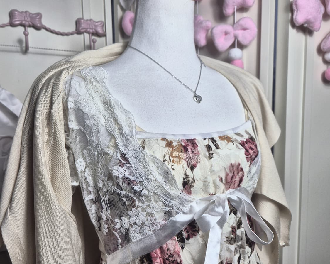 히메갸루 리즈리사깔 플라워 패턴 레이스 봄 코디 세트 원피스 모리걸 상품이미지3