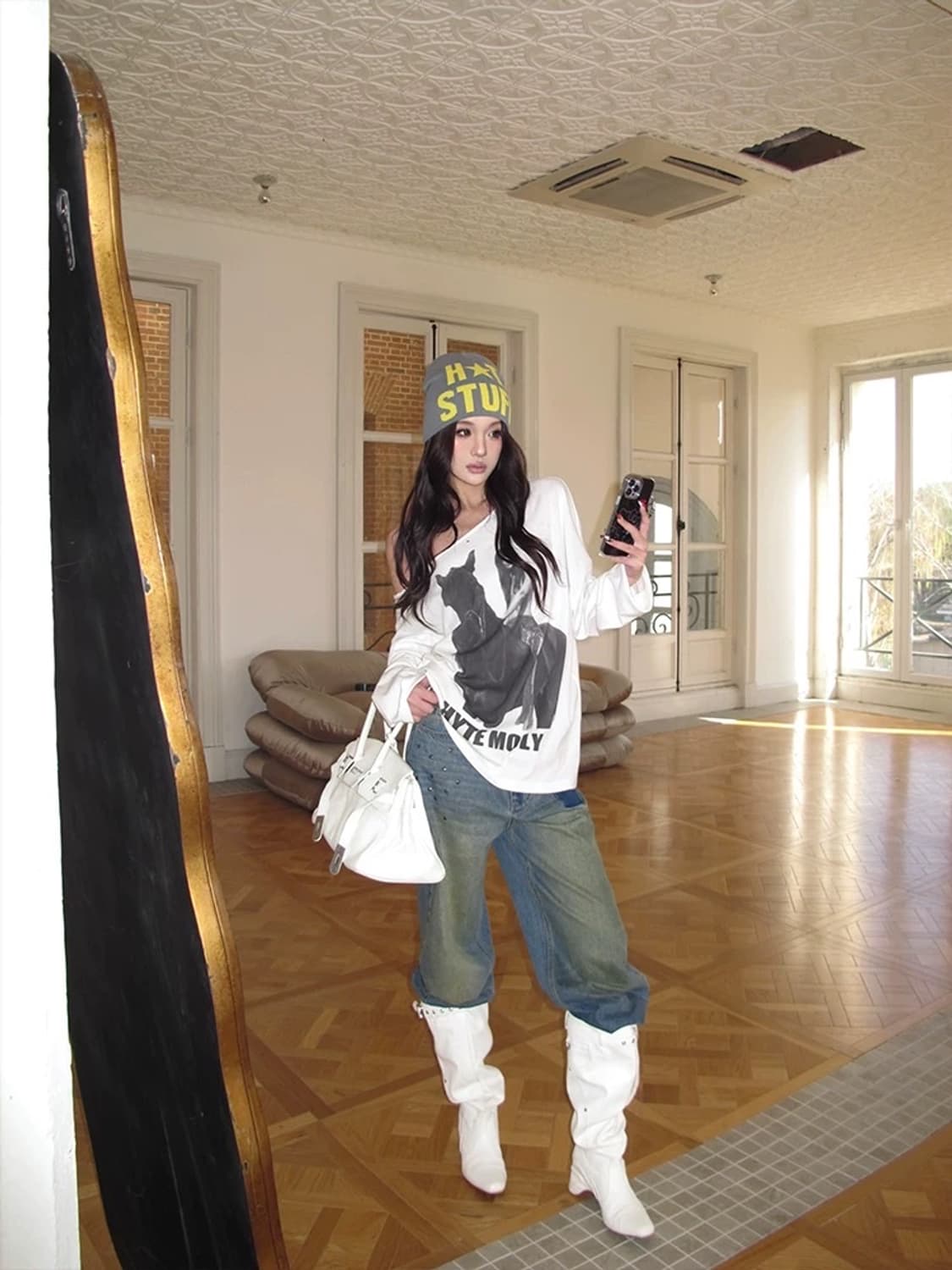 HYTEMOLY 히테몰리 반오프숄더 프린팅 오버 티셔츠 오네갸루 상품이미지3