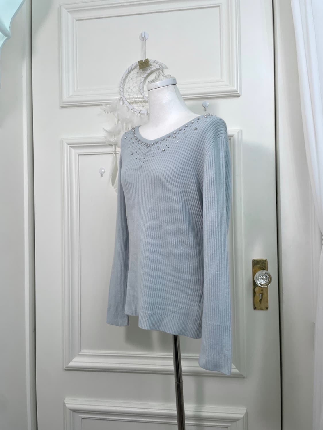 sheer mint beads point v-neck loose knit 상품이미지2