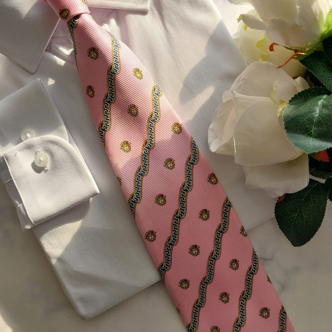 베르사체 실크 핑크 메두사 체인 패턴 넥타이 9.8cm A등급 K1346 상품이미지6