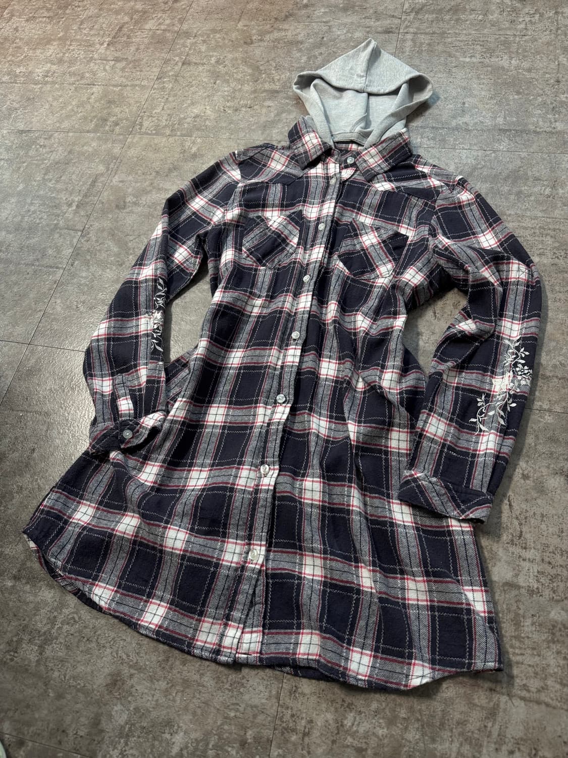 플라워 자수 슬리브 후드 셔츠 원피스 상품이미지7