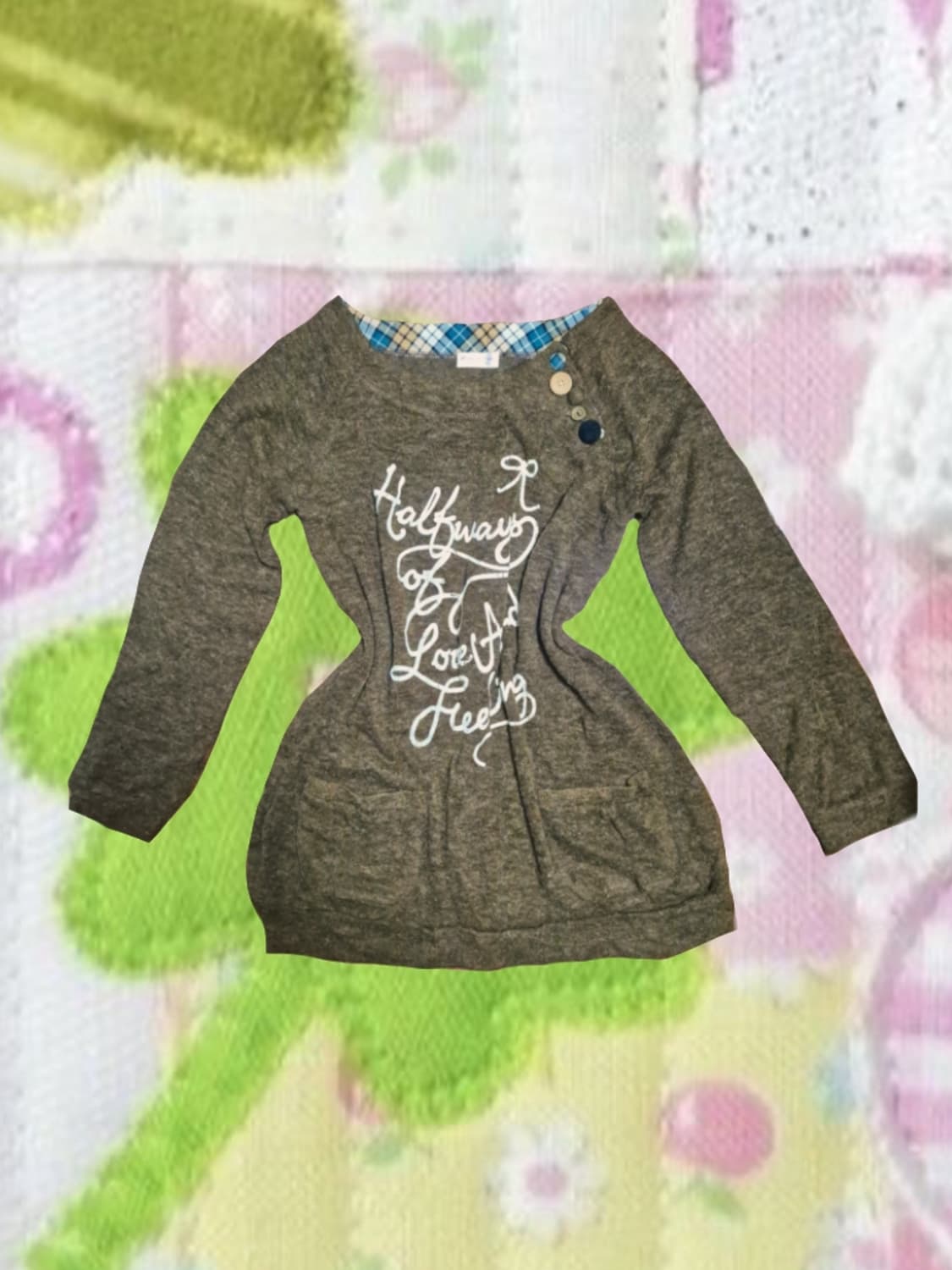 일본 빈티지 모리걸 라떼갸루 니트 블라우스 단추 만두 주머니 갸루깔 상품이미지1