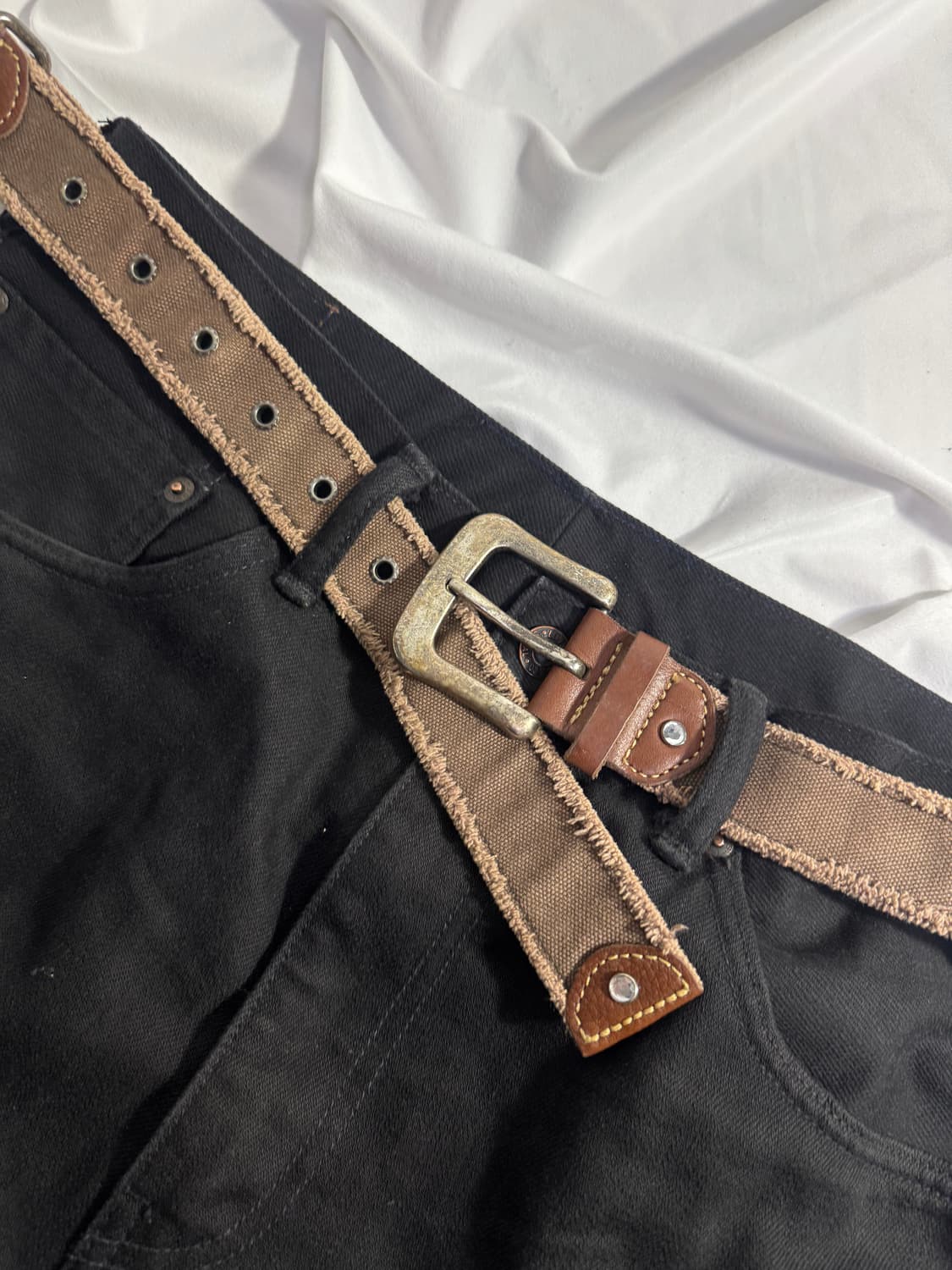 빈티지 스터드 레더 트리밍 캔버스 벨트 y2k 상품이미지4