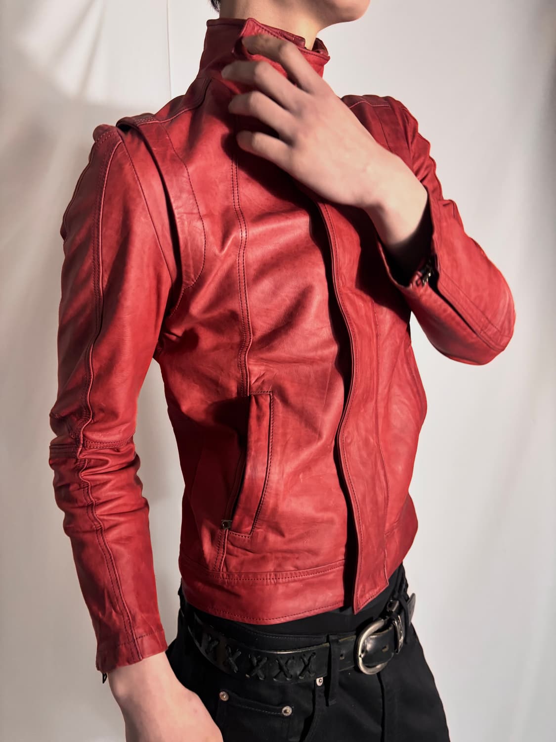 No ID Slim Red Leather Biker Jacket 상품이미지3