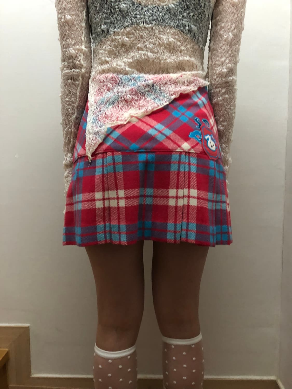 빈티지 핑크 블루 체크 미니 플리츠 스커트 상품이미지8