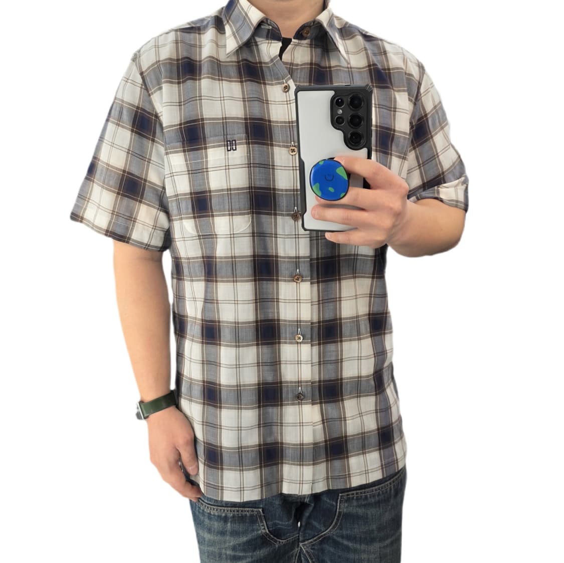 100 닥스 체크 반팔셔츠 네이비 아이보리 폴리 모 혼방 상품이미지1