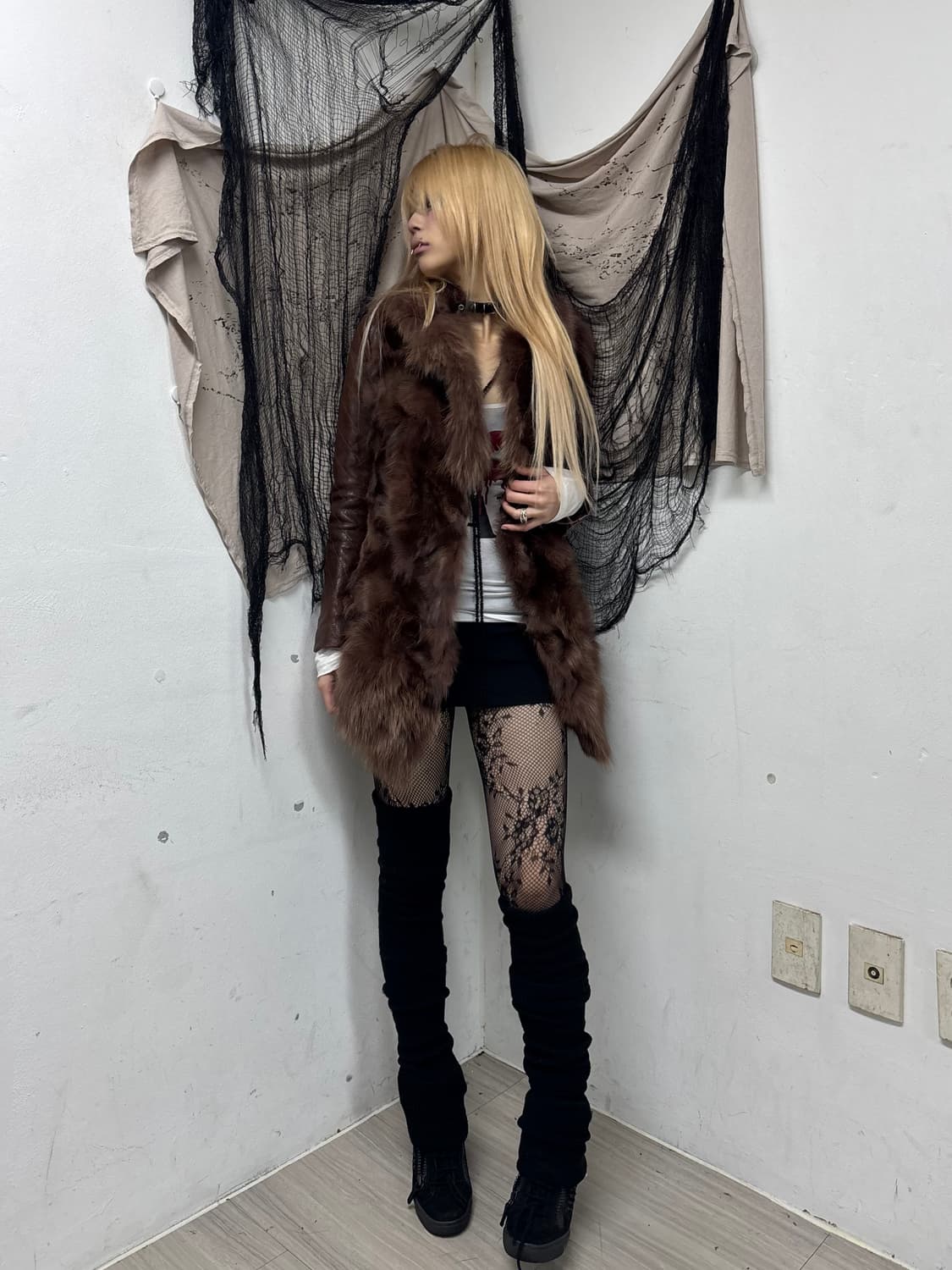 00’s aesthetic Brown Fur Trimming Leathe 상품이미지5