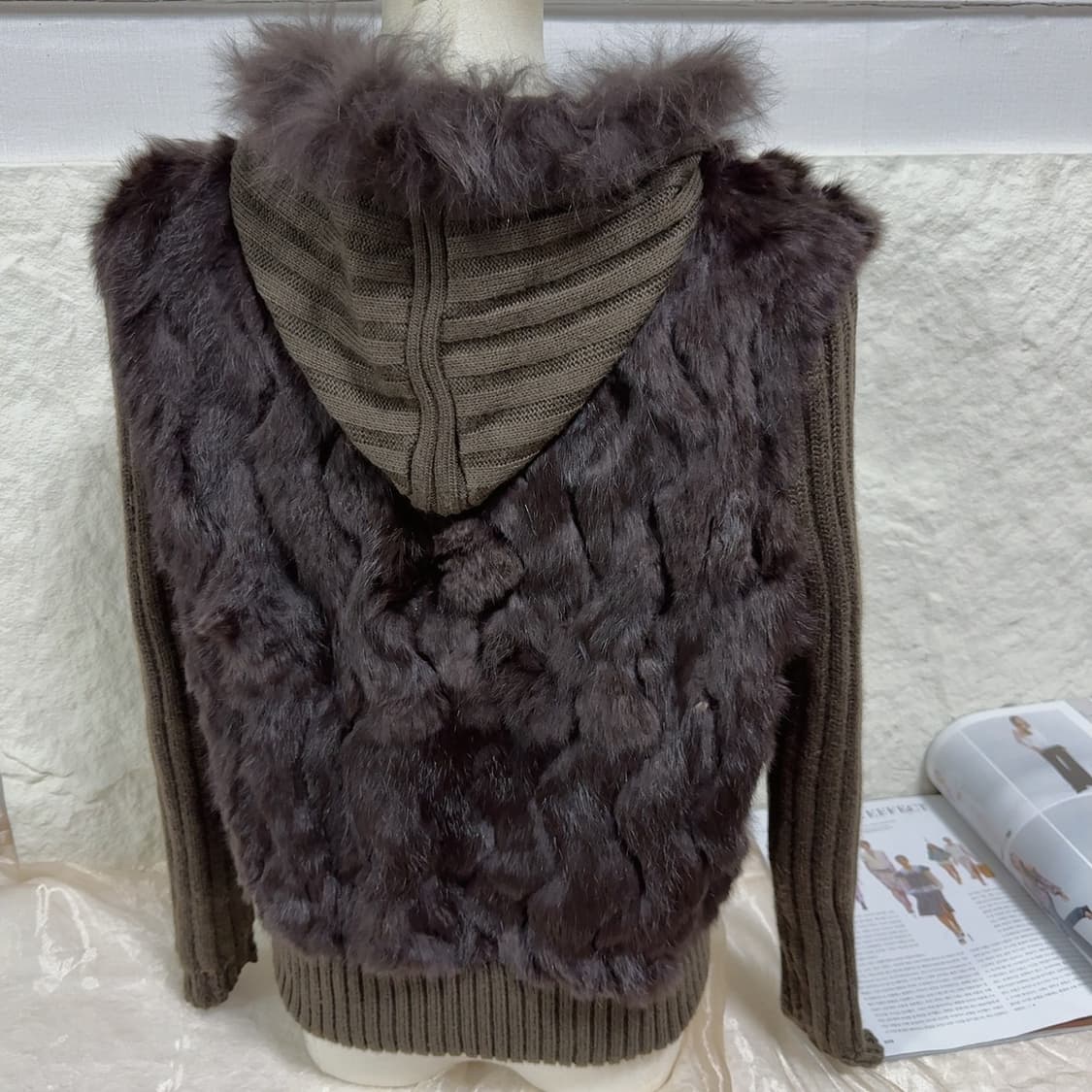 빈티지 브라운 폭스퍼 후드 웨이브 토끼털 양가죽 니트자켓 후드집업 상품이미지3