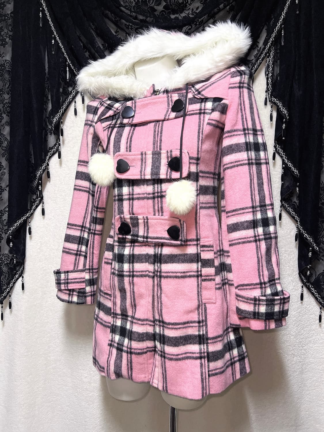 트랄라라 리즈리사 핑크 체크 퍼후드 폼폼 떡볶이코트 로맨틱갸루 로걀 핀터 상품이미지6