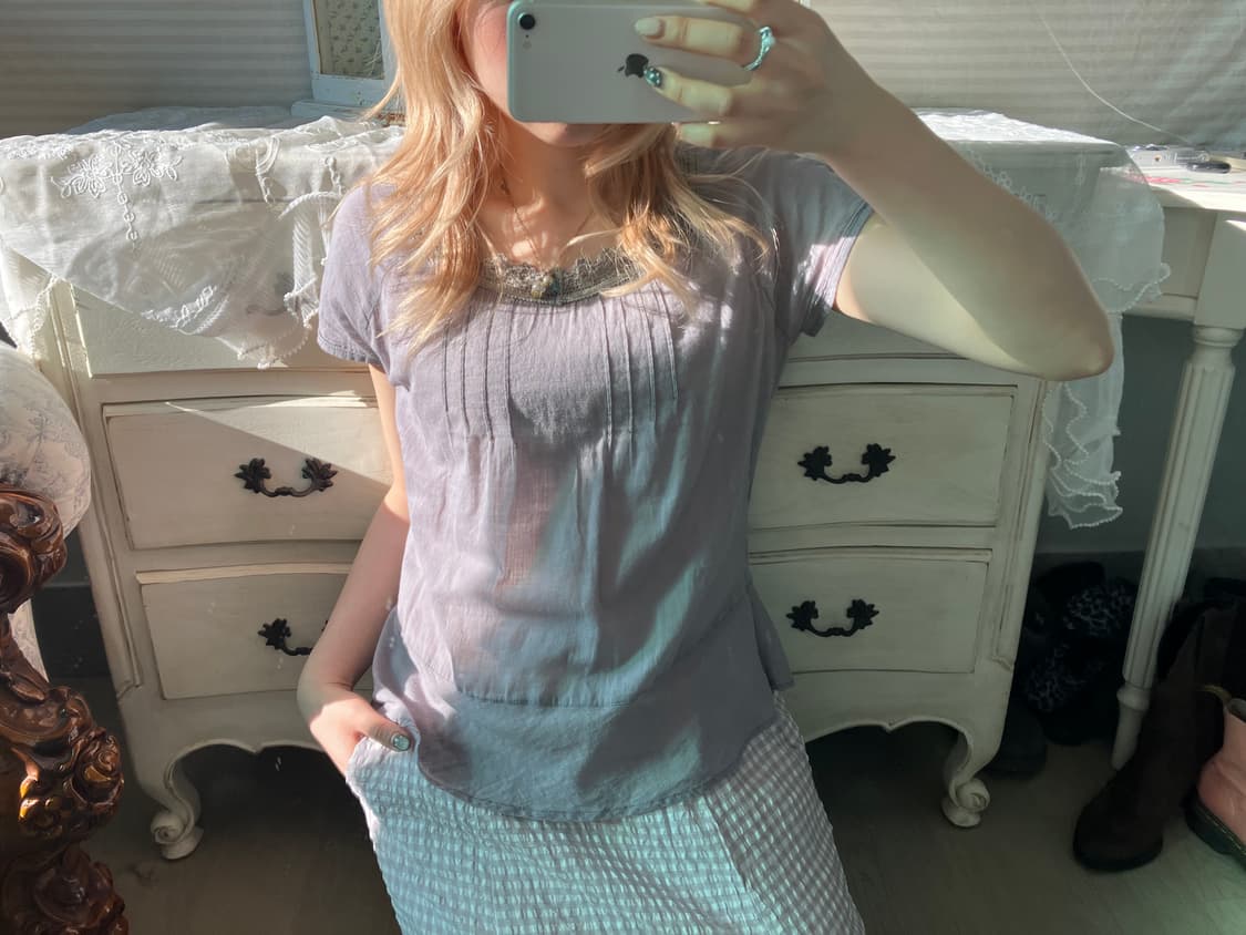 빈티지 모리 페일퍼플 핀턱 블라우스 상품이미지3