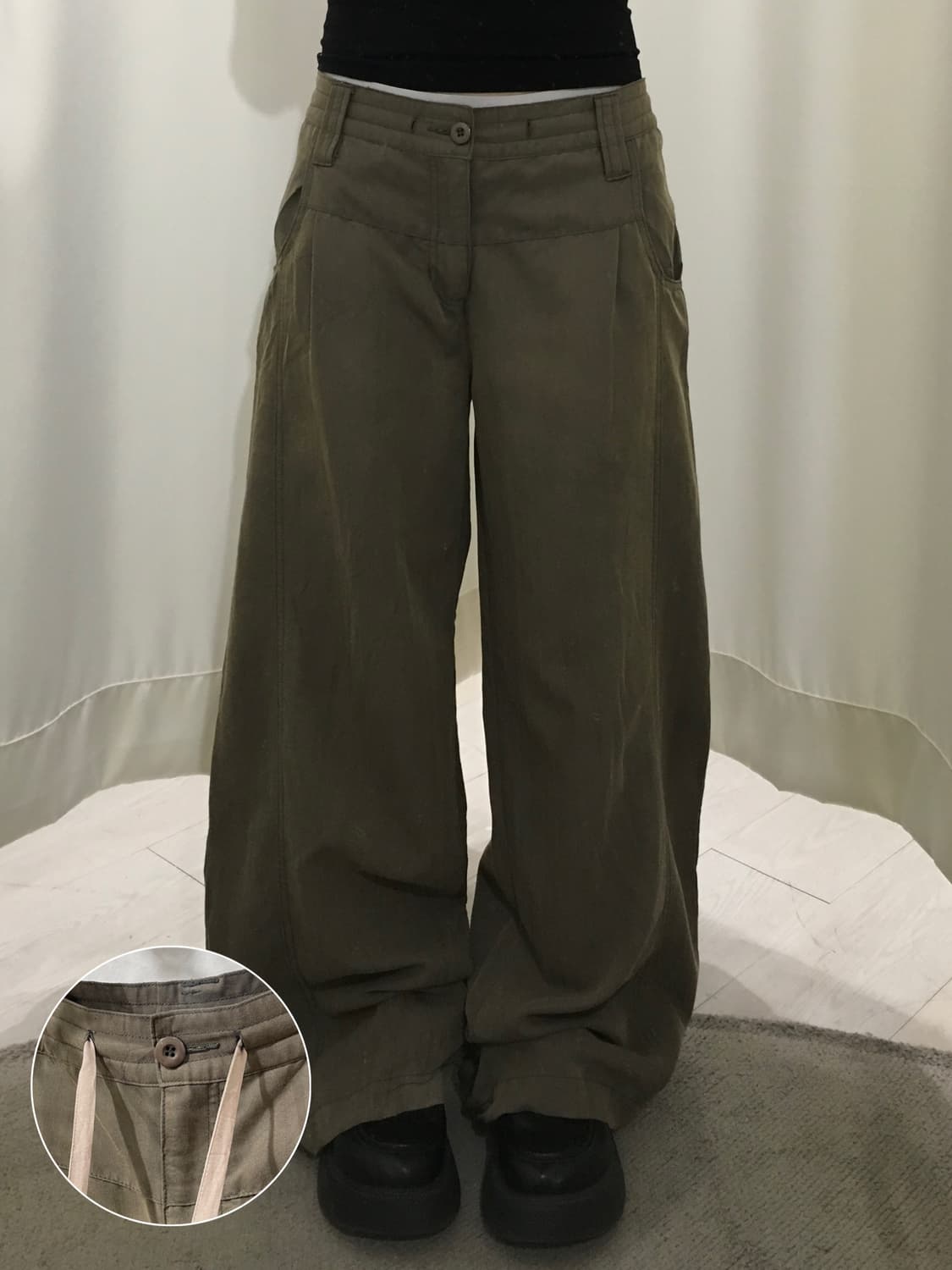 카키 밴딩 와이드 팬츠 상품이미지1