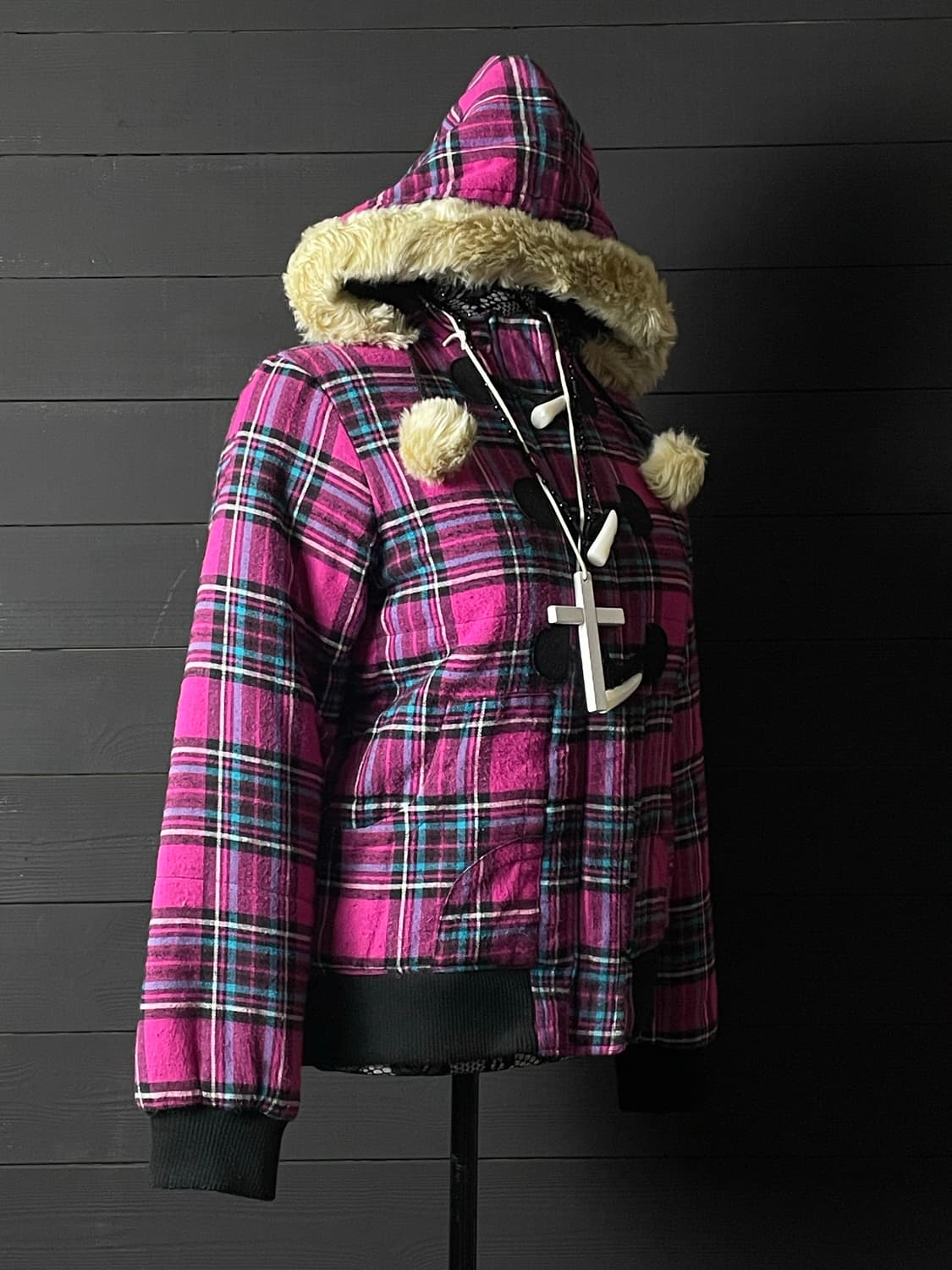 JPN  갸루 펑크 핑크 체크 패턴 퍼 더플 토글 떡볶이 코트 떡코 상품이미지2