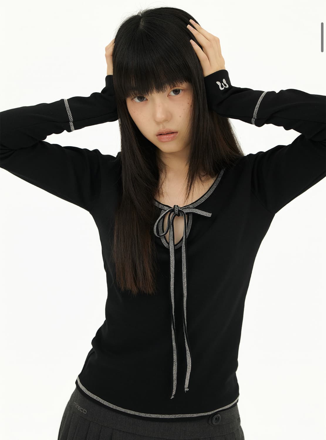 미레코 스티치 리본 티 블랙 상품이미지1