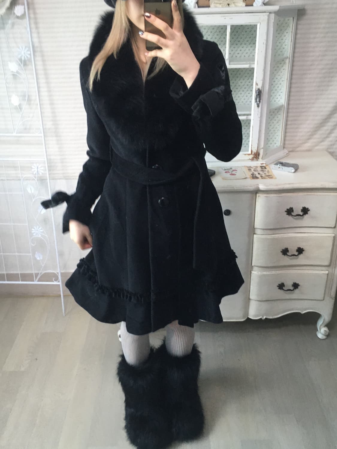 jpn vintage black fur collar frill coat 상품이미지4