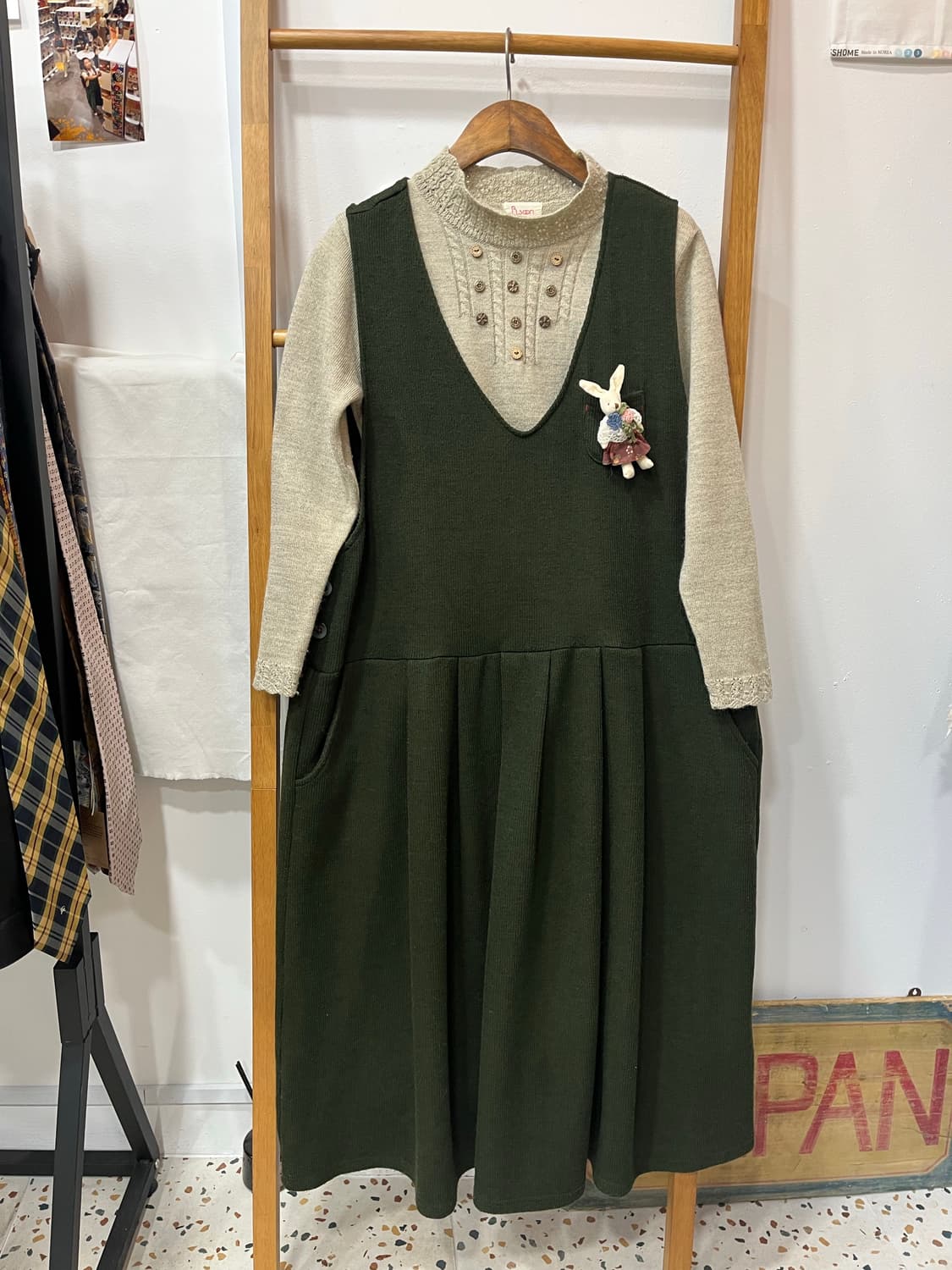 (japanese)모리룩-빈티지 무드 단추 니트 & 조끼 원피스 상품이미지1