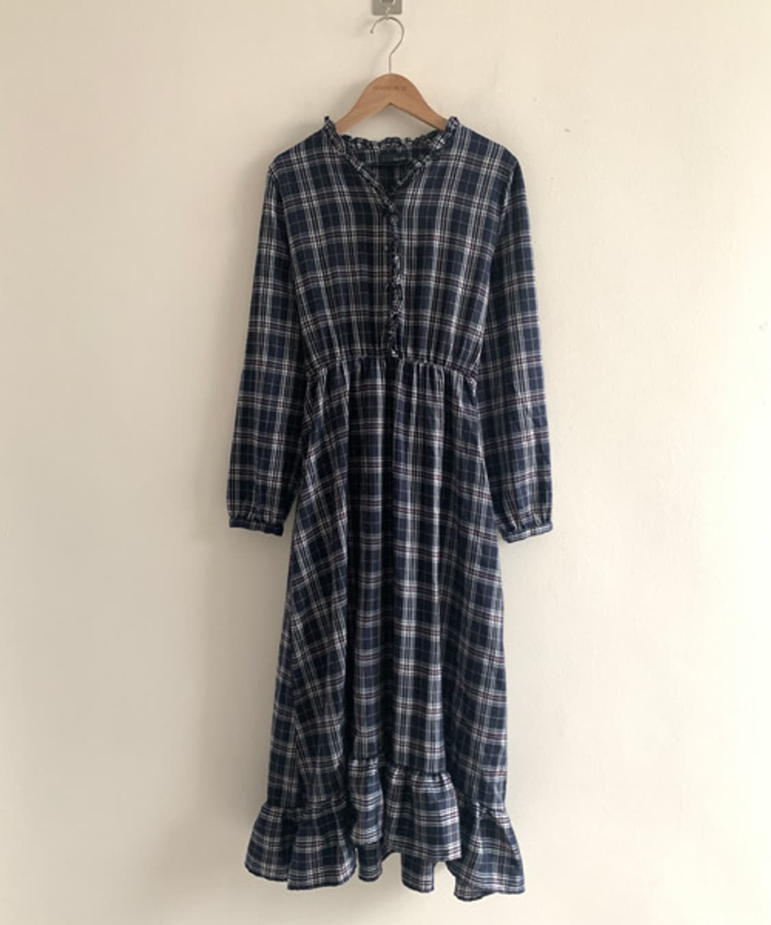 Check Frill Ribbon Dress(Navy) 상품이미지1