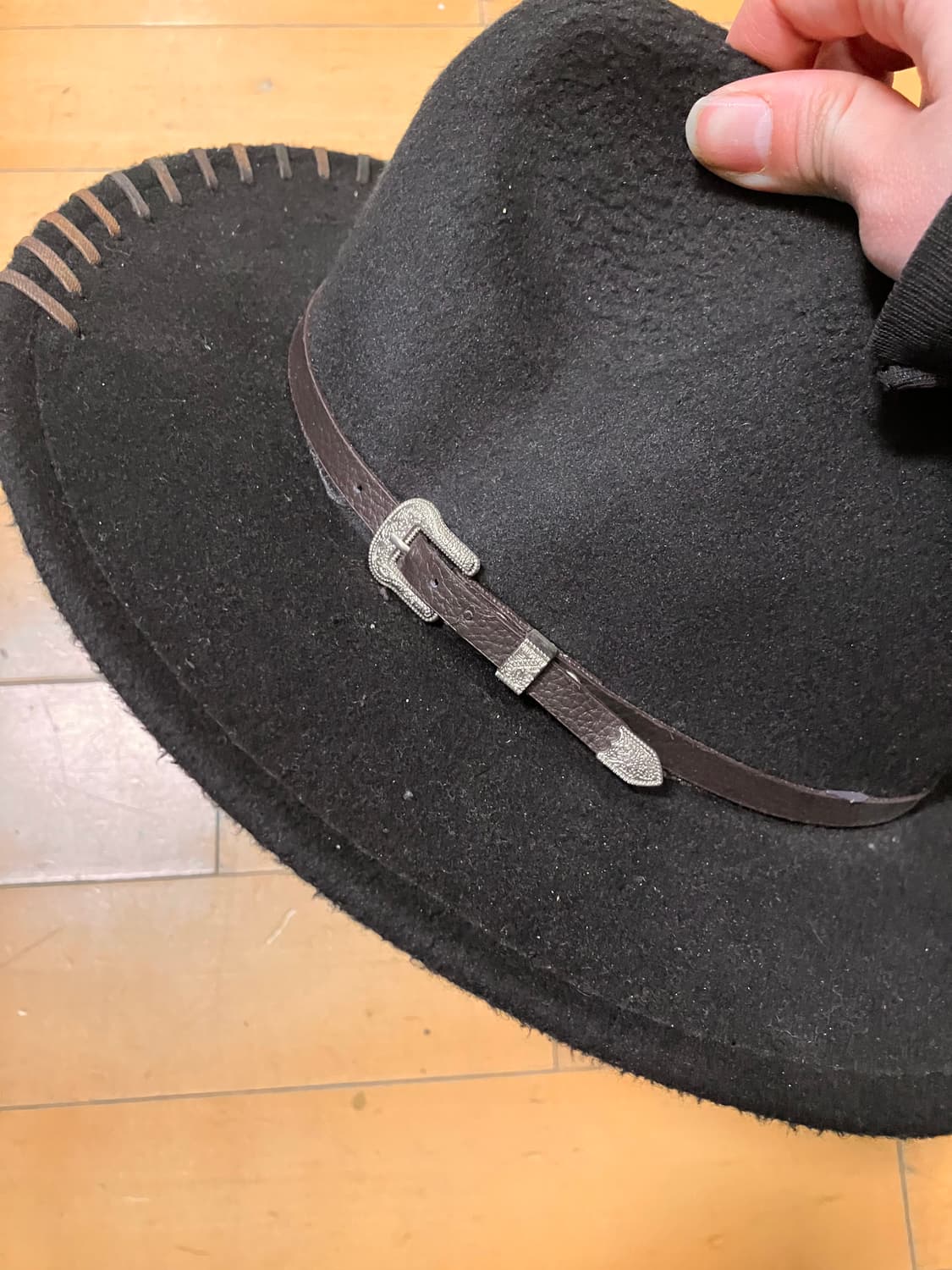 Japanese 90s 비대칭 레더 스티치 디테일 카우보이 모자 상품이미지5