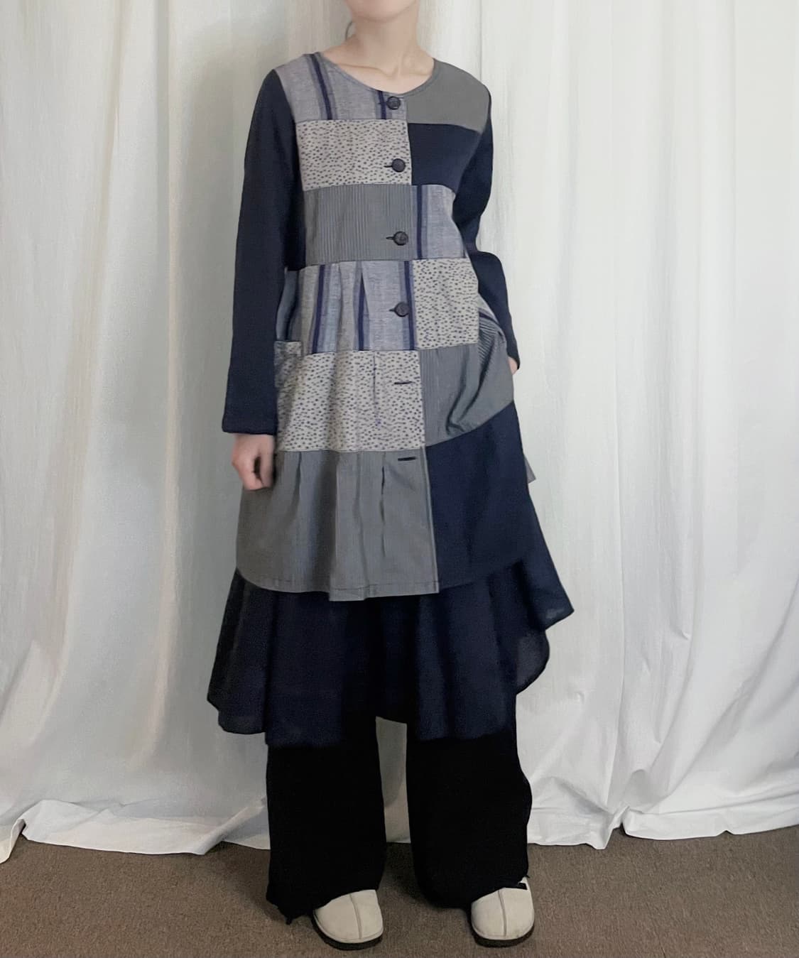 Patchwork Long Shirt - Navy 상품이미지1