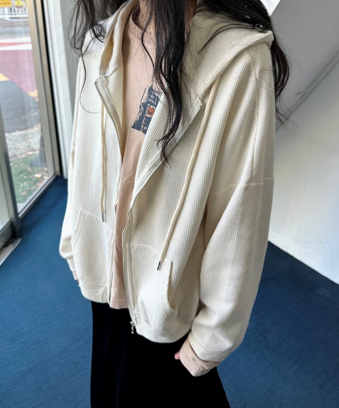 High gauge waffle knitted hood zip parka 상품이미지8