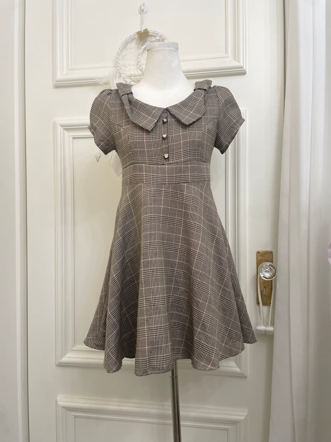 brown check bow collar pink heart button 상품이미지1
