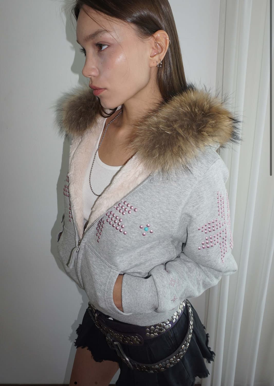 Fur Trimming Hooded Zip-Up Melange Gray 상품이미지1