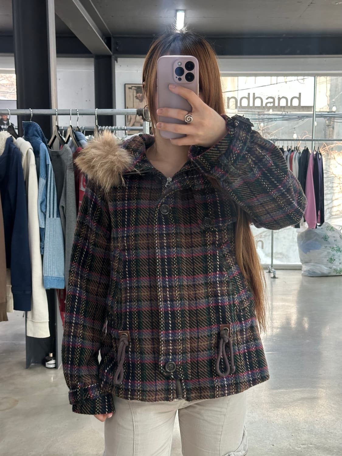 빈티지 갸루 버튼체크 퍼후드 숏코트자켓 상품이미지1