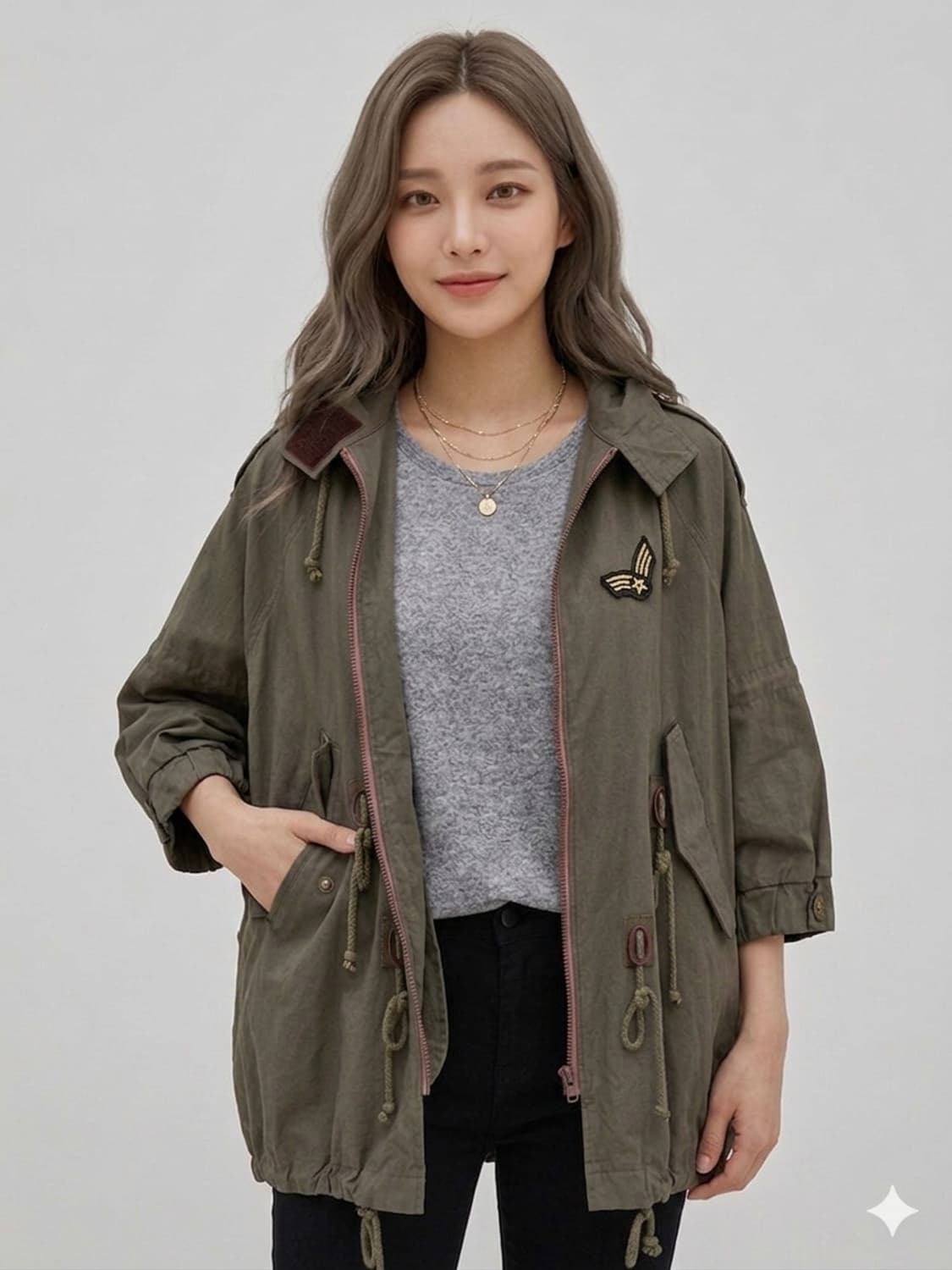 🌿카키 걸리쉬 야상 점퍼 | 케이프 느낌 루즈핏 아우터 55~66 상품이미지1