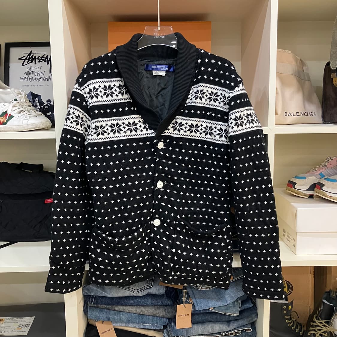 준야 와타나베 맨 꼼데가르송 페어 아일 패턴 숄카라 가디건 XL 상품이미지1