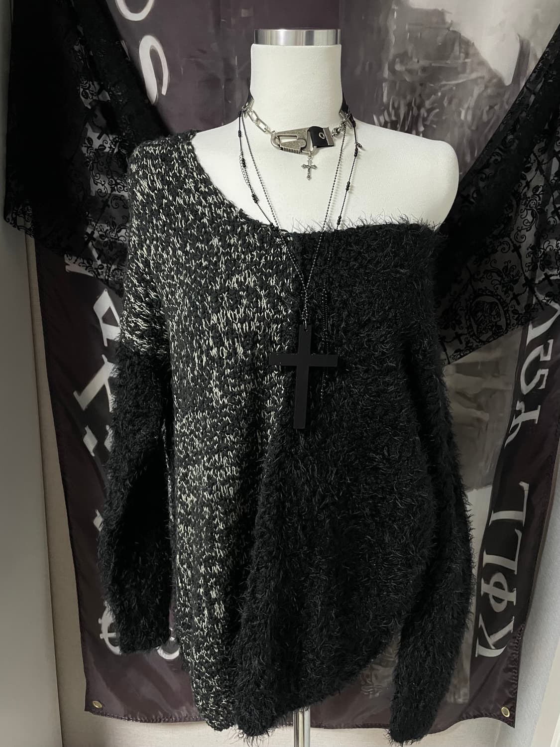 JPN 그런지 트리밍 오프숄더 루즈핏 니트 고딕고스펑크오네갸루다크웨어 상품이미지1